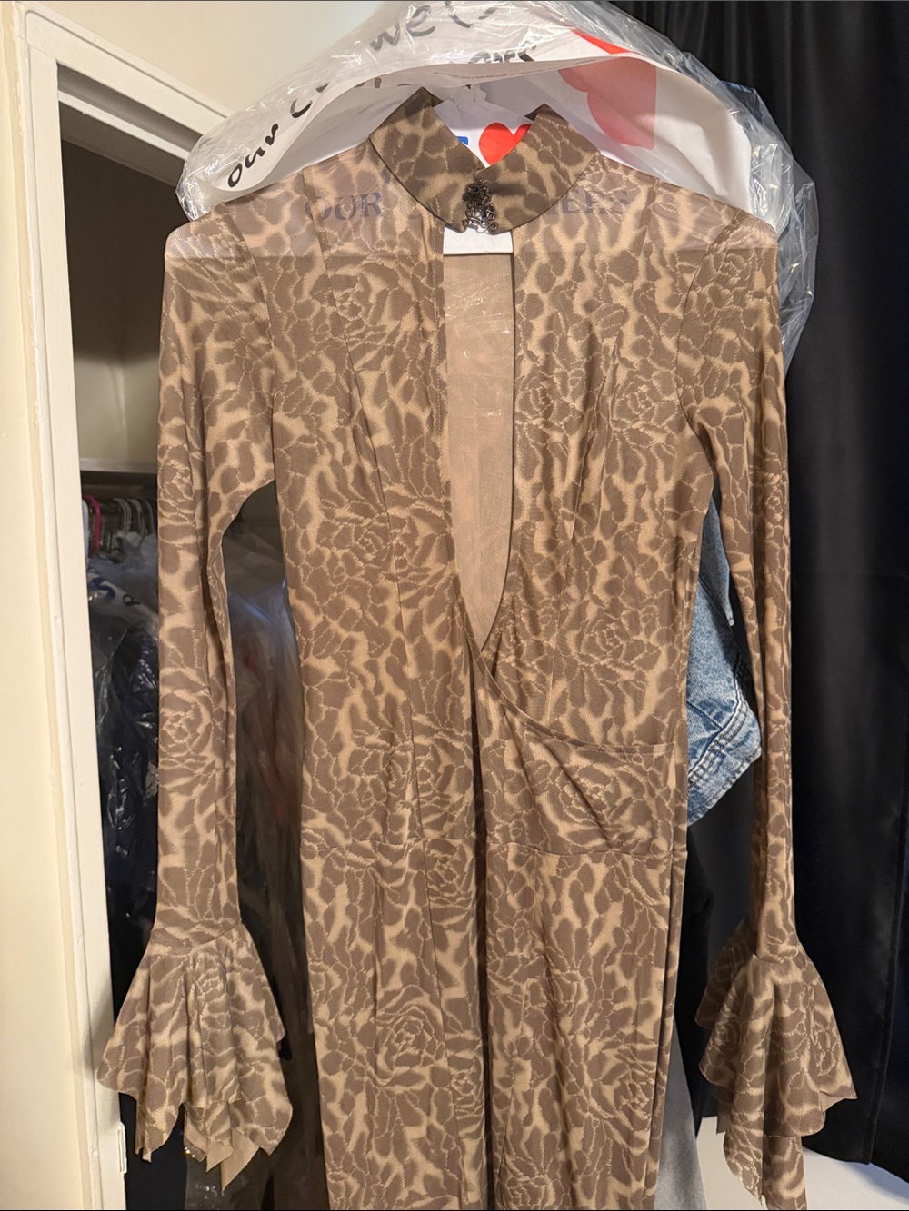 Taupe Floral-Print Long Sleeve Dress with Ruffle Cuffs